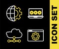Set line Laptop with password, Browser setting, Network cloud connection and Globe of the Earth and gear icon. Vector Royalty Free Stock Photo
