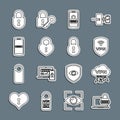 Set line Laptop with password, Cloud VPN interface, Shield wireless, Mobile and, Castle the shape of heart, Lock and Royalty Free Stock Photo