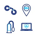 Set line Laptop with 18 plus content, Penis pump, Location and Sexy fluffy handcuffs icon. Vector