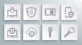 Set line Laptop protected with shield, Shield keyhole, Cloud and, Key, Safe, Smartphone security and lock icon. Vector Royalty Free Stock Photo