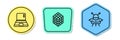 Set line Laptop, Rubik cube and UFO flying spaceship. Colored shapes. Vector