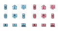 Set line Laptop with smart home with wi-fi, house under protection, Mobile phone, Computer monitor, temperature, Smart