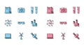 Set line Laptop, Wind turbine, 3D printer, Satellite, Smart glasses, Computer network, Neural and Mirrorless camera icon