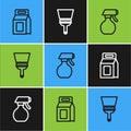 Set line Laundry detergent, Water spray bottle and Rubber cleaner for windows icon. Vector Royalty Free Stock Photo