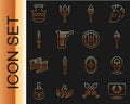 Set line Laurel wreath, Greek helmet, Torch flame, Harp, Medieval sword, Ancient amphorae and shield icon. Vector Royalty Free Stock Photo