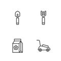 Set line Lawn mower, Pack full of seeds, Garden trowel spade or shovel and pitchfork icon. Vector