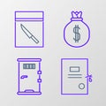 Set line Lawsuit paper, Prison cell door, Money bag and Evidence and knife icon. Vector