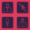 Set line Lawyer, attorney, jurist, Feather pen, Sniper rifle with scope and Anonymous with question mark. Blue square Royalty Free Stock Photo