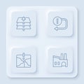 Set line Layers, Arrow, Intersection point and Factory. White square button. Vector