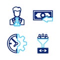 Set line Lead management, Clock and gear, Cash back and Scientist test tube icon. Vector Royalty Free Stock Photo