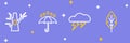 Set line Leaf, Cloud and lightning, Umbrella rain drops and Bare tree icon. Vector Royalty Free Stock Photo