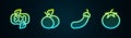 Set line Leaf Eco symbol, Mango fruit, Eggplant and Tomato. Glowing neon icon. Vector Royalty Free Stock Photo