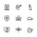 Set line Leaf, Hedgehog, Cup of tea, Chestnut leaf, Kite, Calendar with autumn leaves, Bare tree and Four clover icon