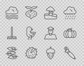 Set line Leaf or leaves, Umbrella, Mushroom, Chestnut, Windy weather, Little chick, Acorn and Pumpkin icon. Vector