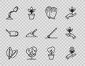 Set line Leafs, Hand holding flower, Garden gloves, Tree with apple, Watering can water, trowel spade or shovel the Royalty Free Stock Photo