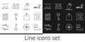 Set line Leather pirate boots, Pirate treasure map, parrot, key, Wooden barrel, Sunken ship, sack and Boat with oars