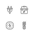 Set line LED light bulb, Lightning bolt, Electric plug and Toolbox electrician icon. Vector Royalty Free Stock Photo