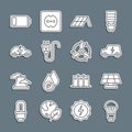 Set line LED light bulb, Solar energy panel, Electric car, plug, Battery and Wind turbine icon. Vector Royalty Free Stock Photo