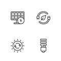 Set line LED light bulb, Solar energy panel, and Electric saving plug in leaf icon. Vector Royalty Free Stock Photo