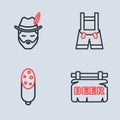 Set line Lederhosen, Salami sausage, Street signboard with Beer and Oktoberfest man icon. Vector Royalty Free Stock Photo