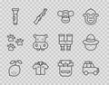 Set line Lemon, Car, Monkey, Shirt, Flashlight, Hippo or Hippopotamus, Hiking backpack and Camping hat icon. Vector Royalty Free Stock Photo