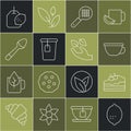 Set line Lemon, Piece of cake, Cup tea, Tea strainer with handle, bag, Teaspoon, lemon and leaf icon. Vector Royalty Free Stock Photo