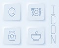 Set line Lemon, Plate, fork and knife, Jam jar and Mortar pestle. White square button. Vector Royalty Free Stock Photo