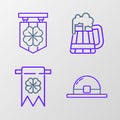 Set line Leprechaun hat, Four leaf clover and party pennant, Wooden beer mug and Street signboard with four icon. Vector