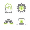Set line Leprechaun hat and four leaf clover, Rainbow, Bottle cap with and Witch cauldron icon. Vector