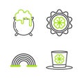 Set line Leprechaun hat and four leaf clover, Rainbow, Bottle cap with and Witch cauldron icon. Vector Royalty Free Stock Photo