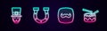 Set line Leprechaun, Horseshoe, Mustache and Drum with drum sticks. Glowing neon icon. Vector Royalty Free Stock Photo