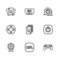 Set line Level game, Power button, Game controller or joystick, Playing cards, Computer monitor and icon. Vector Royalty Free Stock Photo