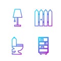 Set line Library bookshelf, Toilet bowl, Table lamp and Garden fence wooden. Gradient color icons. Vector