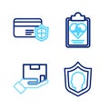 Set line Life insurance with shield, Delivery, Health and Credit card icon. Vector