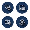 Set line Life insurance with shield, Delivery security, Briefcase and House hand with long shadow. Blue circle button