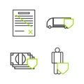Set line Life insurance with shield, Money, Delivery cargo truck and Delete file document icon. Vector
