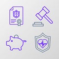 Set line Life insurance with shield, Piggy bank, Judge gavel and Contract icon. Vector