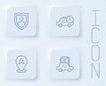 Set line Life insurance with shield, Taxi waiting time, Location taxi car and mobile app. White square button. Vector Royalty Free Stock Photo