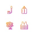 Set line Life jacket, Coral, Snorkel and Aqualung. Gradient color icons. Vector