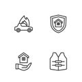 Set line Life jacket, House in hand, Burning car and with shield icon. Vector