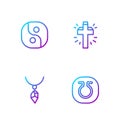 Set line Life, Necklace with crystal, Yin Yang and Christian cross. Gradient color icons. Vector Royalty Free Stock Photo