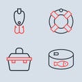 Set line Lifebuoy, Case or box for fishing equipment, Canned and Fishing lure icon. Vector