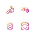 Set line Lifebuoy, Piggy bank with shield, Umbrella in hand and Money. Gradient color icons. Vector