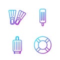 Set line Lifebuoy, Suitcase, Rubber flippers and Ice cream. Gradient color icons. Vector