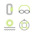 Set line Lifebuoy, Sun and waves, Glasses cap for swimming and Carabiner icon. Vector Royalty Free Stock Photo