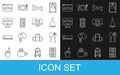 Set line Lift, Fork and spoon, Hotel service bell, room bed, building, Five stars rating review, and Smart Tv icon