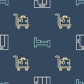 Set line Lift, Suitcase and Hotel room bed on seamless pattern. Vector