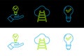 Set line Light bulb and check mark, in hand and Ladder leading to cloud icon. Vector Royalty Free Stock Photo