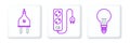 Set line Light bulb with concept of idea, Electric plug and extension cord icon. Vector Royalty Free Stock Photo