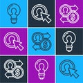 Set line Light bulb with concept of idea, Job promotion exchange money and User of man in business suit icon. Vector Royalty Free Stock Photo